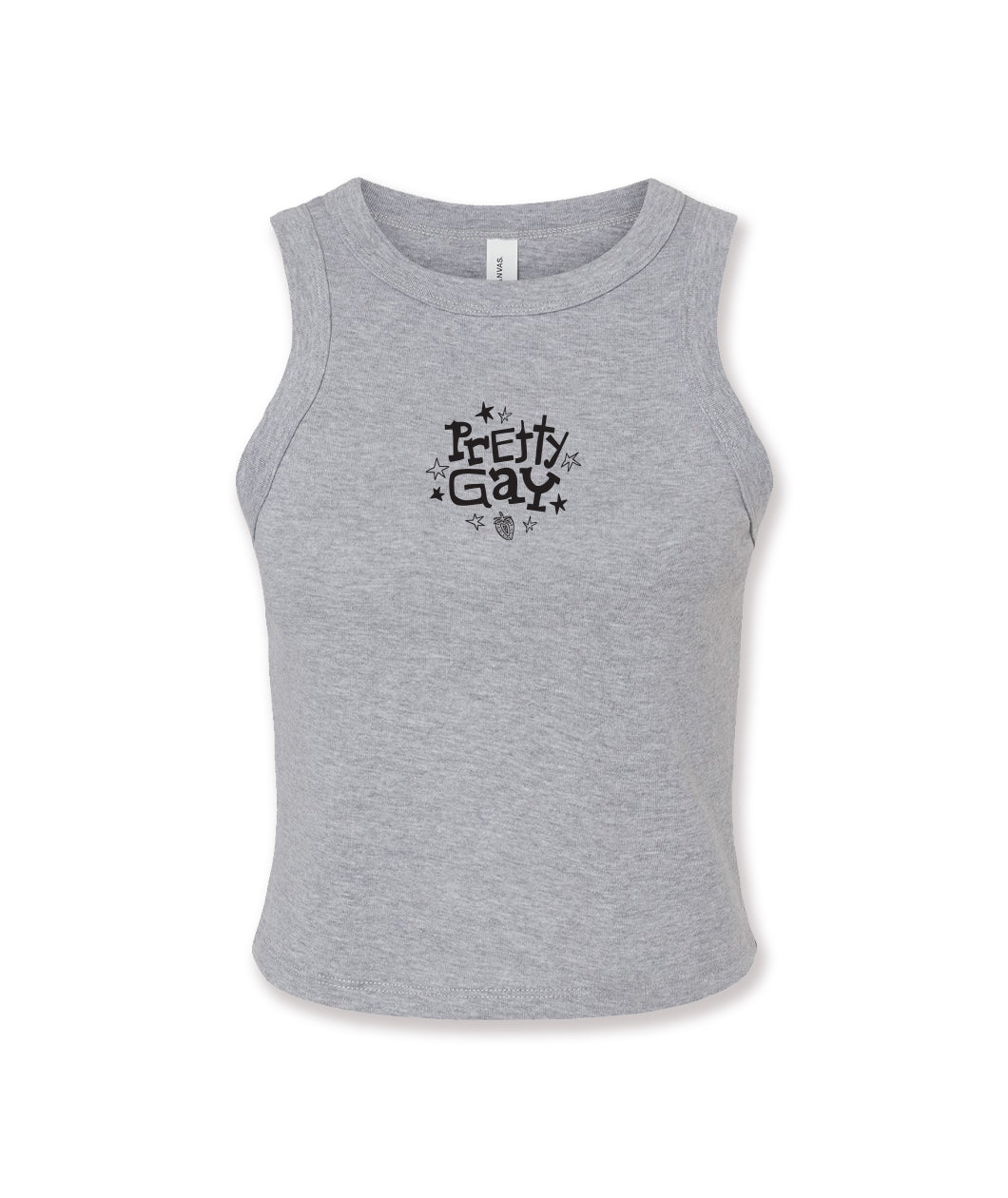 A cropped gray tank top with text that reads "Pretty Gay" and has little star illustrations around it. From Pretty Gay.