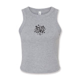 A cropped gray tank top with text that reads "Pretty Gay" and has little star illustrations around it. From Pretty Gay.