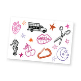 A temporary tattoo sheet that has several illustrations of cute items. Designs include a strawberry, a seahorse, cherries, a carabiner, a moon and stars, lips, a pair of scissors, a truck that says "Pretty Gay", and many stars. From Pretty Gay.