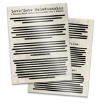 A photo of two pages with blacked out text and a title that reads "Love/Hate Relationship; A Dracula Based Letter Writing Game for 2 Players". From Re: Dracula.
