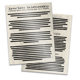 A photo of two pages with blacked out text and a title that reads "Love/Hate Relationship; A Dracula Based Letter Writing Game for 2 Players". From Re: Dracula.