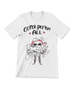 A white t-shirt with black text that reads "Gotta pet 'em all". There is an illustration below of the Beanie character holding an armful of more than 10 cats and dogs.