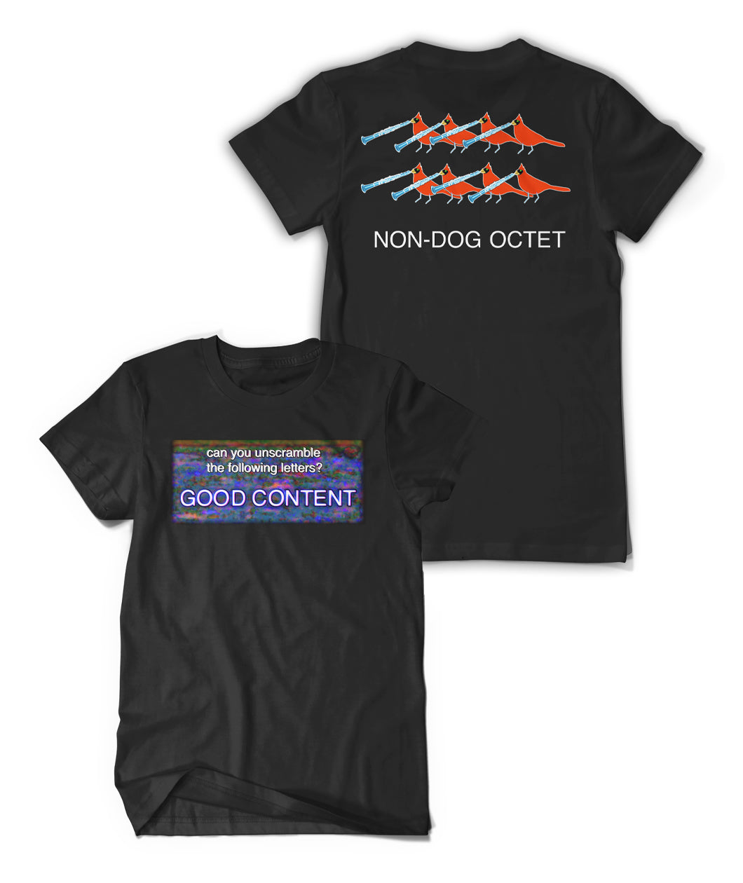 A black t-shirt with the a colorful rectangle on the front that reads "Can you unscramble the following letters?; GOOD CONENT". On the back of the shirt are eight red cardinals with flutes and text below that reads "NON-DOG OCTECT". From Bill Wurtz.