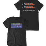 A black t-shirt with the a colorful rectangle on the front that reads "Can you unscramble the following letters?; GOOD CONENT". On the back of the shirt are eight red cardinals with flutes and text below that reads "NON-DOG OCTECT". From Bill Wurtz.