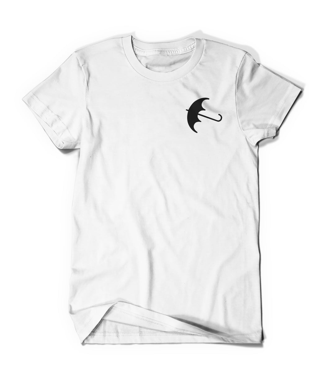 A white t-shirt with a black, sideways umbrella on the front, left chest area. From Bill Wurtz.