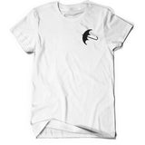 A white t-shirt with a black, sideways umbrella on the front, left chest area. From Bill Wurtz.
