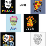 Six different Pizza John designs as stickers from 2018 - from Vlogbrothers