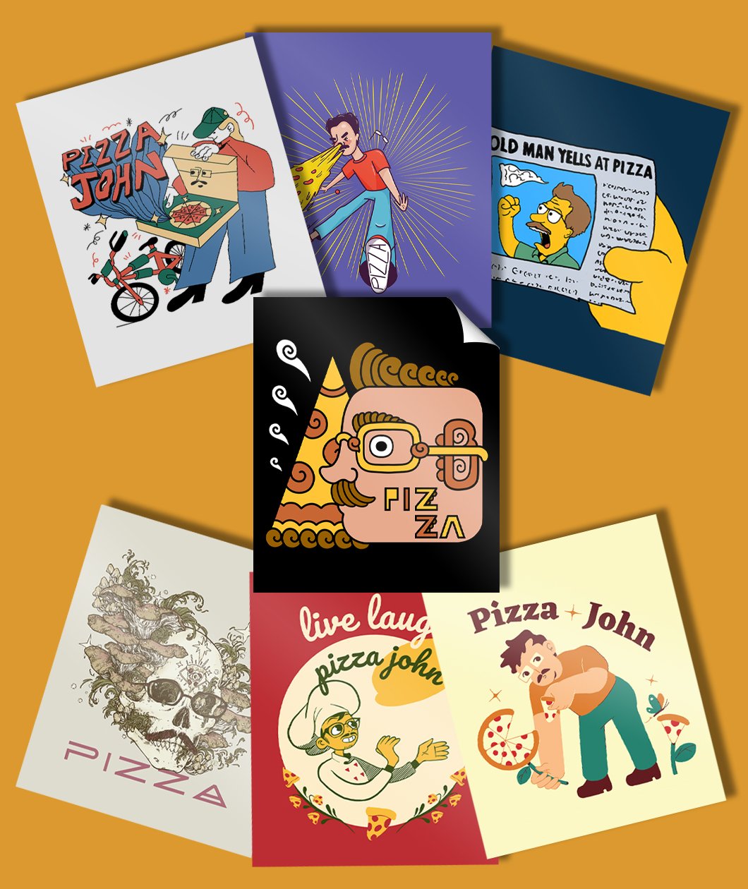 Seven different Pizza John designs as stickers from 2021 - from Vlogbrothers