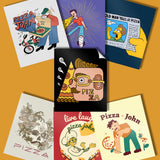 Seven different Pizza John designs as stickers from 2021 - from Vlogbrothers