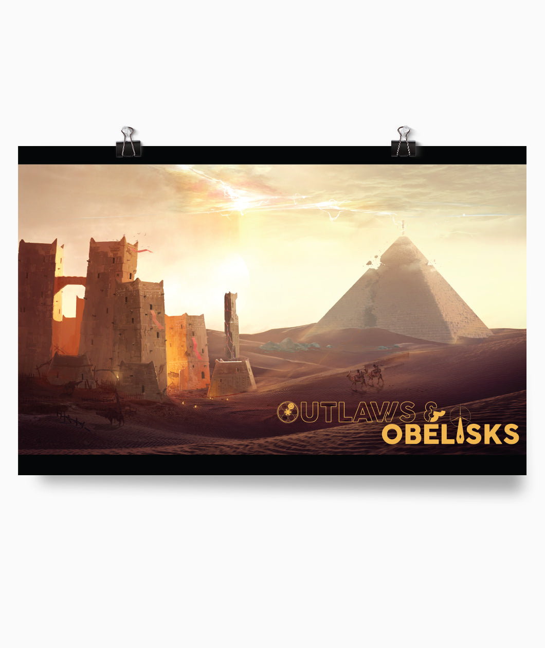 A poster featuring a desert, a pyramid, and old standing buildings. On the poster are the words "Outlaws and Obelisks". From Three Black Halflings. 