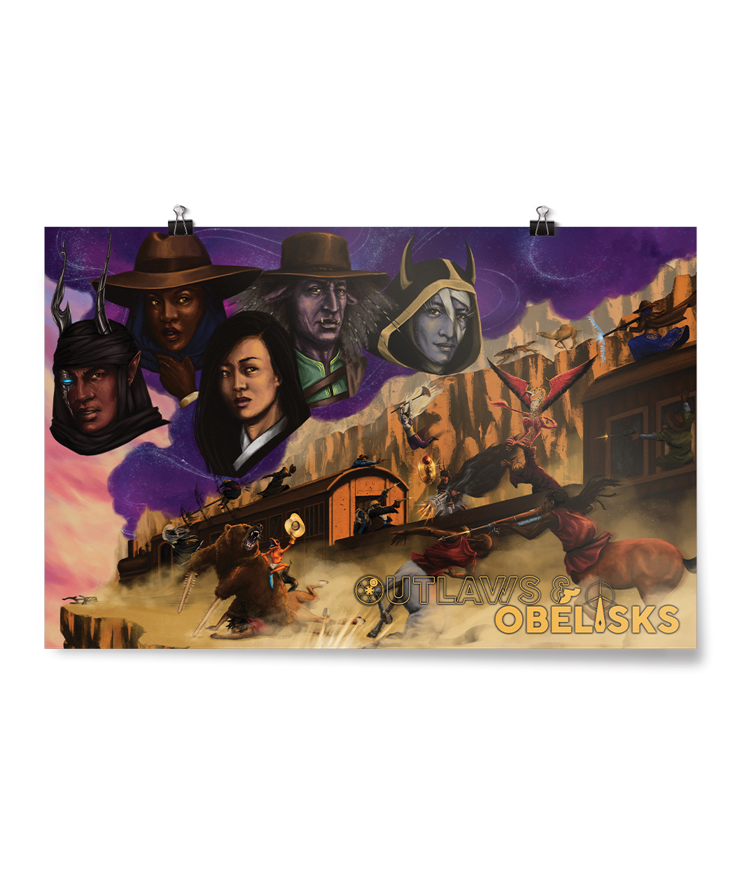 A poster featuring the heads of five different characters from "Outlaws & Obelisks" from Three Black Halflings. Below the heads is a fight scene on a cliff. 