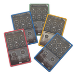 The backs of five Outlaws and Obelisks rectangular tradings cards laid out. They are all different colors with circle icons with different numbers in each.