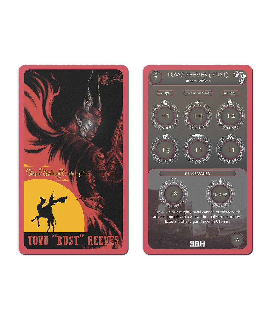 The front and back of the "Tovo "Rust" Reeves" card from the Outlaws and Obelisks rectangular tradings cards. Shows the front and back next to each other.