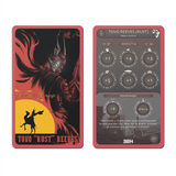 The front and back of the "Tovo "Rust" Reeves" card from the Outlaws and Obelisks rectangular tradings cards. Shows the front and back next to each other.