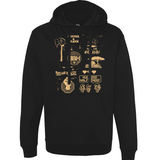 Black hoodie with various Three Black Halflings designs in yellow-beige on the front of the hoodie.