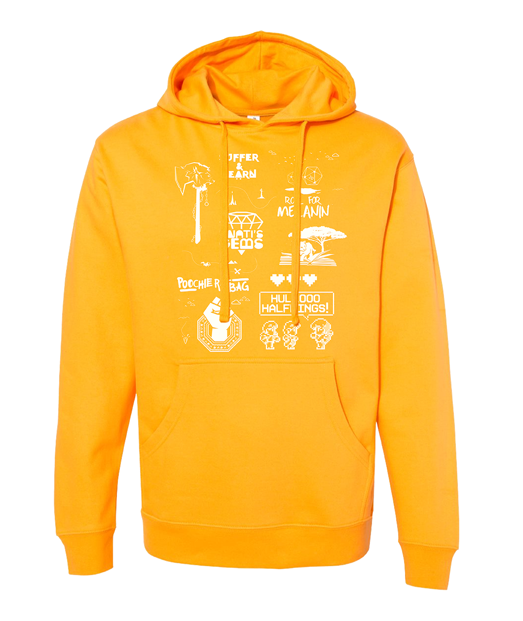 Yellow hoodie with various Three Black Halflings designs in white on the front of the hoodie.