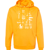 Yellow hoodie with various Three Black Halflings designs in white on the front of the hoodie.