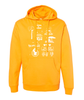 Yellow hoodie with various Three Black Halflings designs in white on the front of the hoodie. 