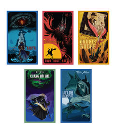 A set of five poster digital downloads of the Outlaws & Obelisks trading cards. Shows different characters all in different colors and pictures.
