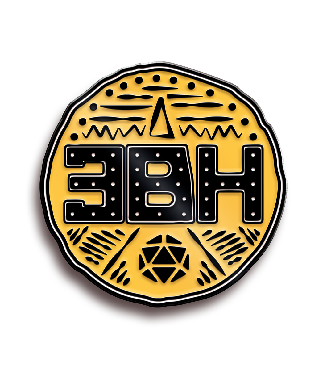A black and yellow logo pin from Three Black Halflings. In the middle are black, block text "3BH".