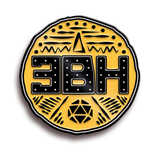 A black and yellow logo pin from Three Black Halflings. In the middle are black, block text "3BH".