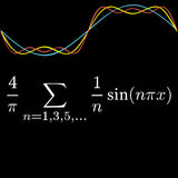 Blue, red, and yellow arching lines with a math equation below written in white - from 3Blue1Brown.