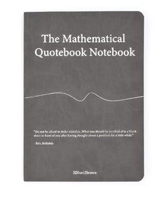 A grey notebook titled "The Mathematical Quotebook Notebook" with a squiggly line in the middle and the quote "Do not be afraid to make mistakes...What you should be terrified of is a blank sheet in front of you after having thought about a problem for a while. - Bela Bollobas" near the bottom by "3Blue1Brown".