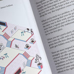 The inside of a book showing a close up two pages, the left with a graphic of stairs, platforms and pie personified characters and the right page has words on it.