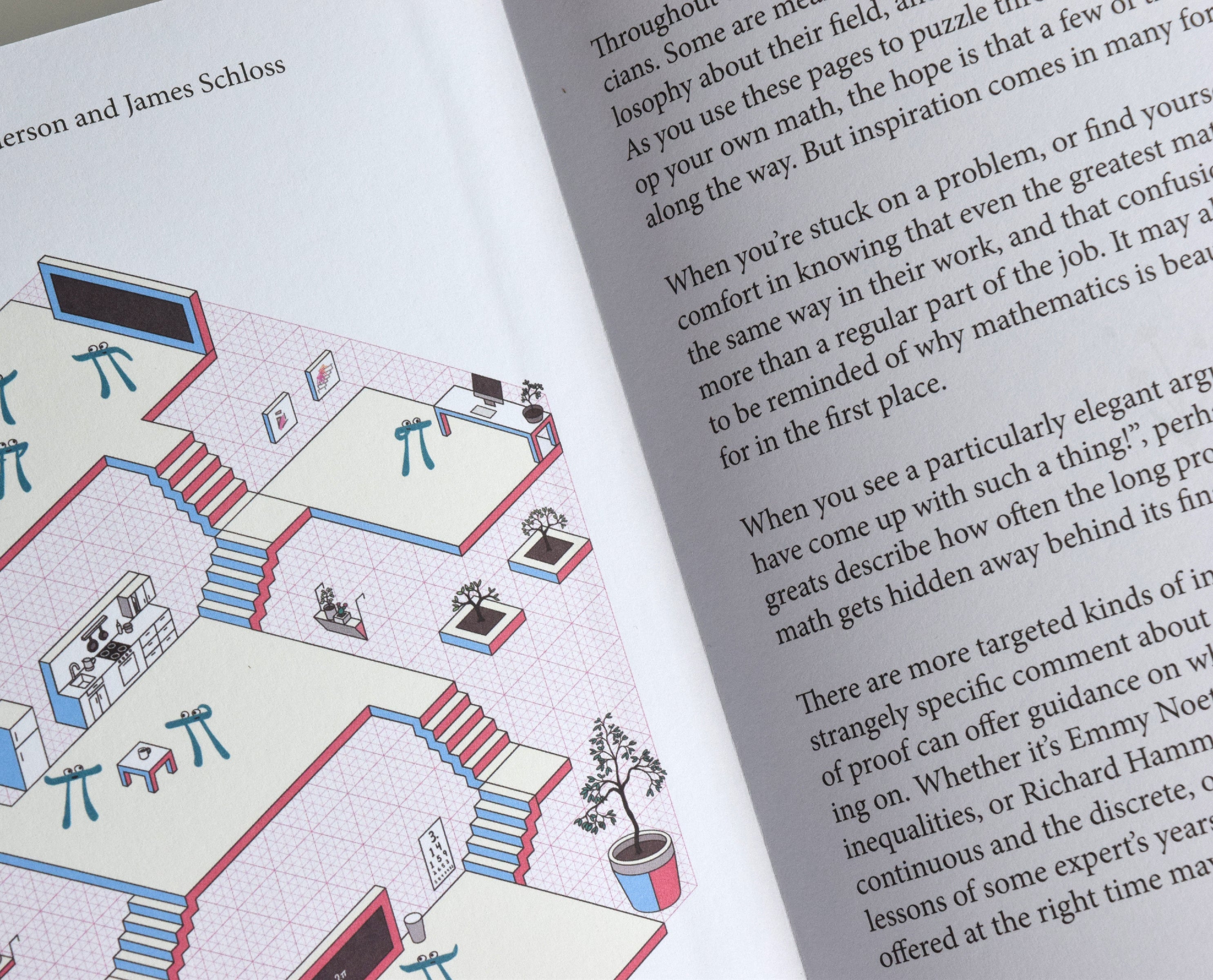 The inside of a book showing a close up two pages, the left with a graphic of stairs, platforms and pie personified characters and the right page has words on it.