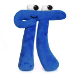 A blue pi with long legs, a small black smile and two white oval eyes with black irises on the top of the plushie - from 3Blue1Brown.