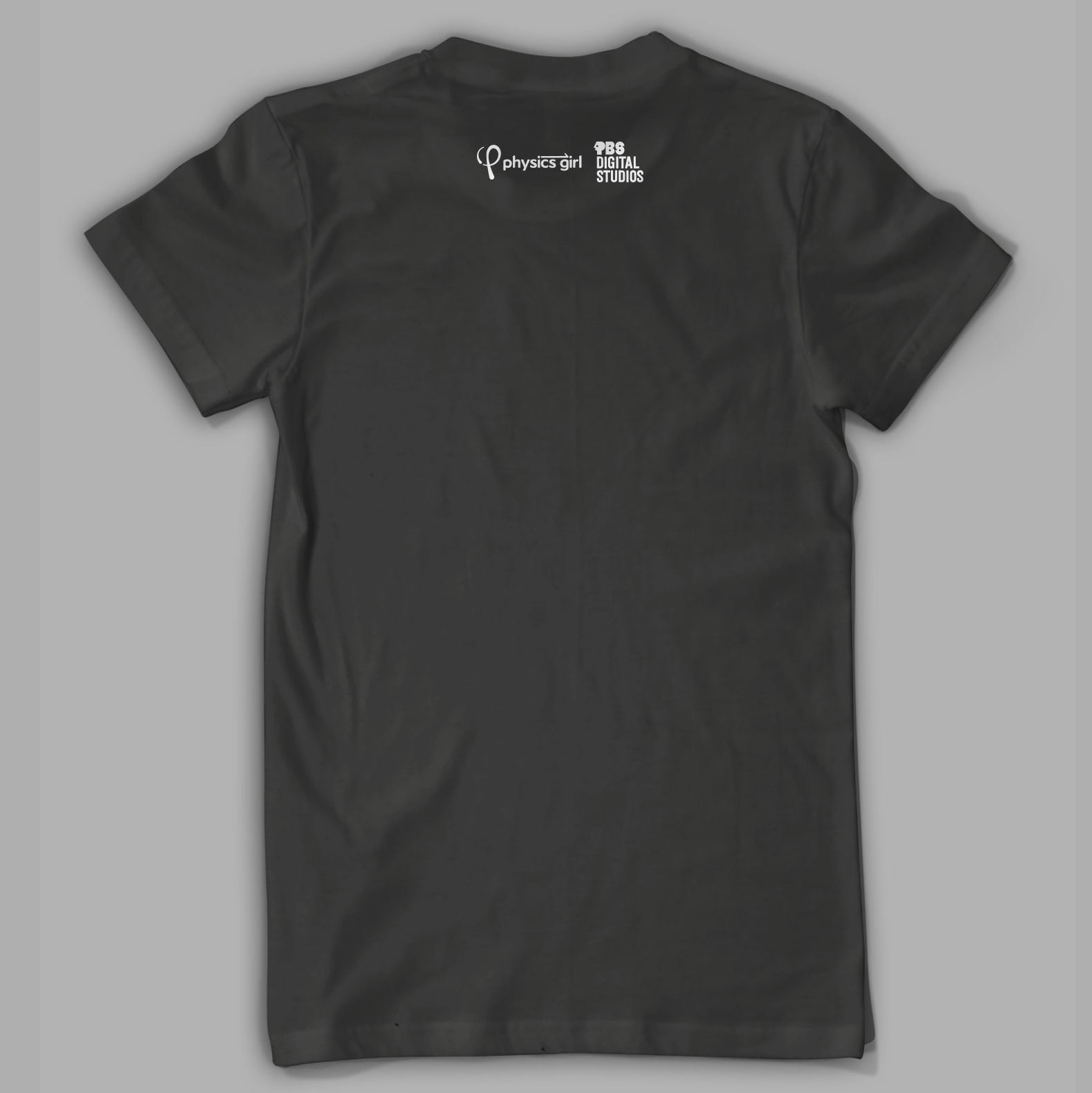 Back of black shirt. Below the collar, "Physics Girl” is in white sans serif font. To the left, a stylized “P” is in white. Above is half an arrow. To the right is the “PBS Digital Studios” logo - from Physics Girl