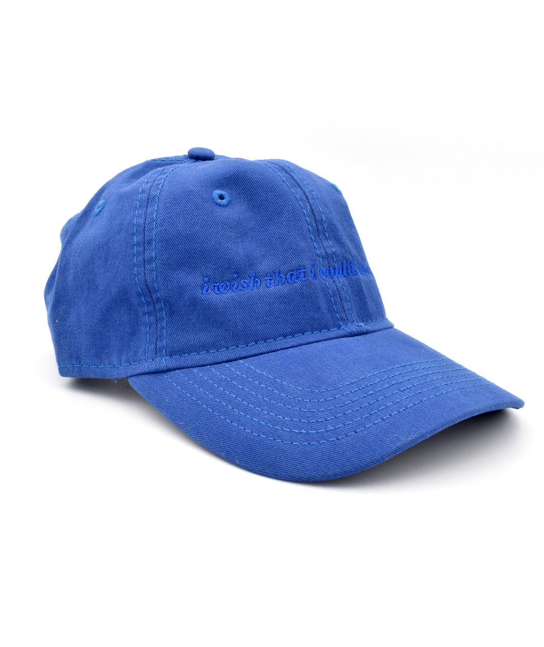 Side view of a blue ball cap with lowercase embroidered words saying "i wish that i could wear hats". From Brian David Gilbert. 