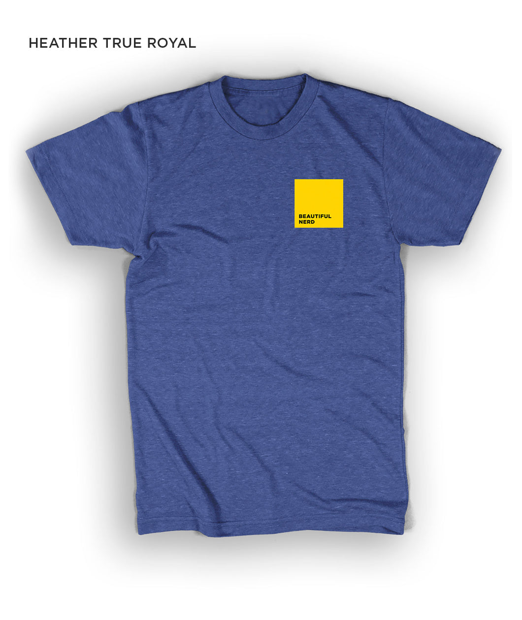 A royal blue short-sleeved t-shirt with a yellow square on the upper right side of the chest - by 99% Invisible