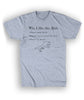 A gray t-shirt with black serif text on it in the center of the shirt reading “Why I like this Shirt” at the top. Underneath, a bullet point list says, "Doesn’t explode, (so far), Provides Access to service (with shoes), Picture of a dinosaur” with a hand drawn dinosaur - from Craig Benzine