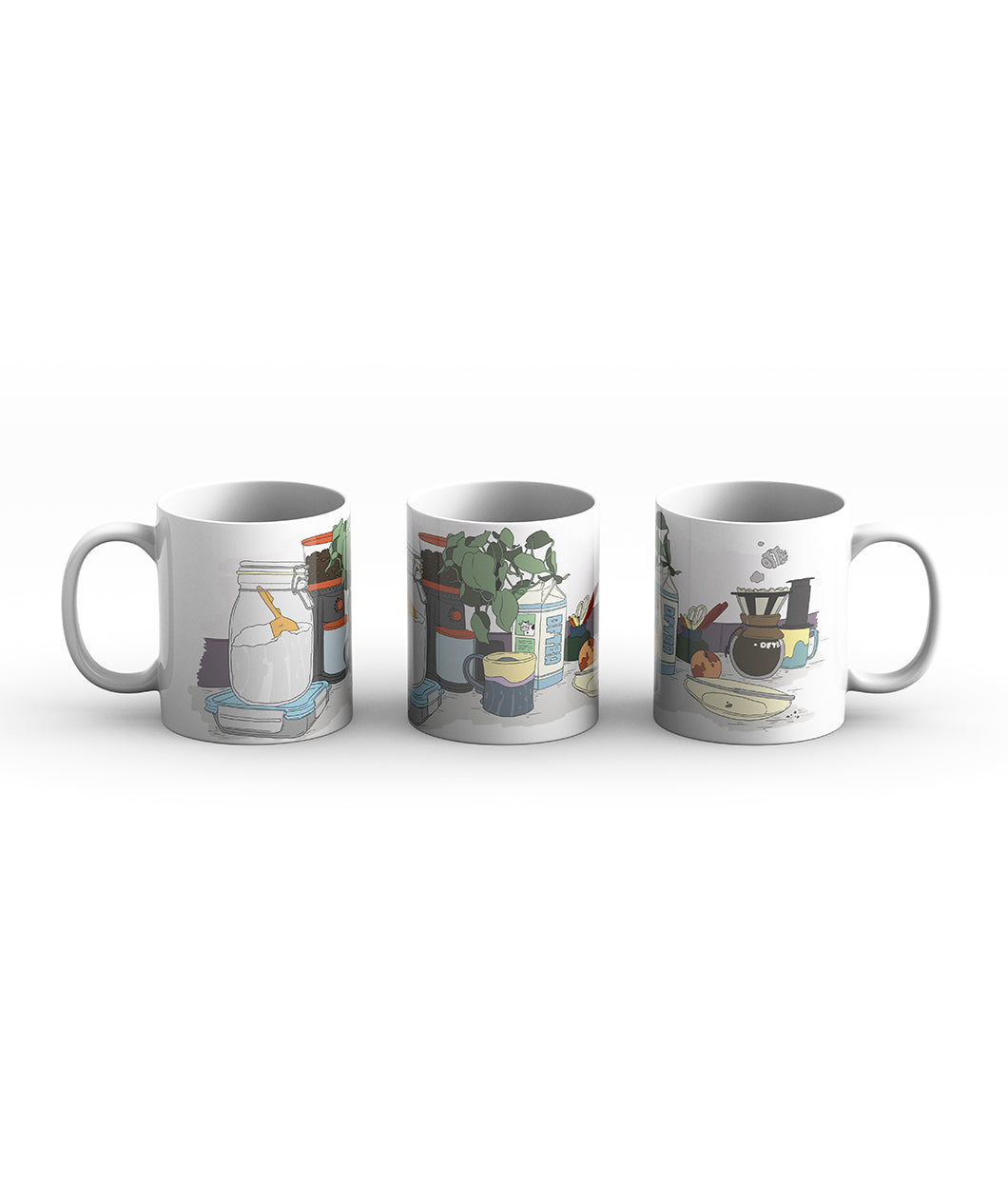 A line of three white mugs each showing a different portion of the mug. The illustration on the mug features a plant, brewing coffee in a pour over, and other counter items. 