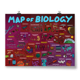 A red and purple poster covered with drawings of life on a macroscopic and microsopic level - by Domain of Science