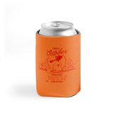 An orange koozie that says "First of October; Gourmet Ravioli Loaded with Cheese" with a 12oz can inside.