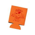 An orange koozie that says "First of October; Gourmet Ravioli Loaded with Cheese".