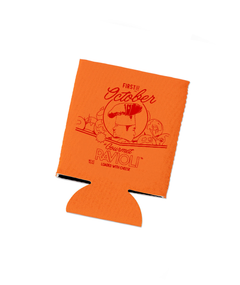 An orange koozie that says "First of October; Gourmet Ravioli Loaded with Cheese".