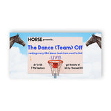 A basketball hoop with text on the backboard on a background of clouds that has a horse head on each end - by HORSE