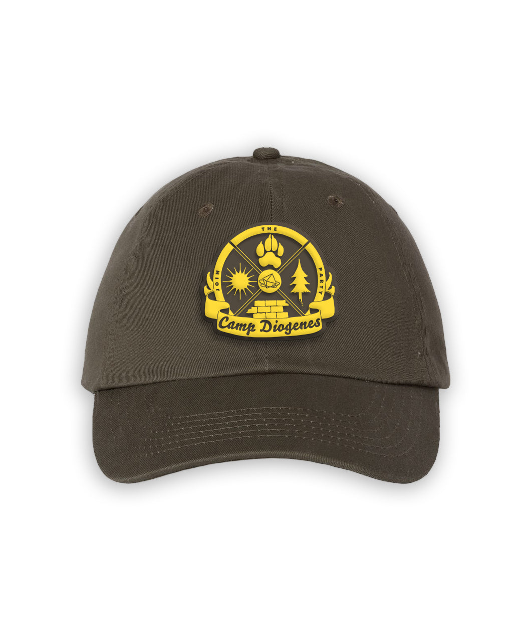 Dark green dad hat with a yellow crest patch that reads "Camp Diogenes" and has a paw print, tree, sun and wall icons as well as the Join the Party logo in the center.