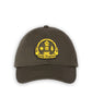 Dark green dad hat with a yellow crest patch that reads "Camp Diogenes" and has a paw print, tree, sun and wall icons as well as the Join the Party logo in the center. 