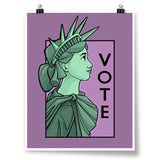A purple poster from Karen Hallion showing the green, profile of the Statue of Liberty with the word "Vote" written down the right side.