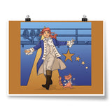 A poster of Celara wearing a uniform walking with her arms open with a small cat next to her also in a uniform with its arms open. From Karen Hallion.