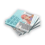 A stack of three hardcover, thin books. The cover shows a girl drawing, surround by stacks of drawings. The cover reads "Never, Never Quit" by Karen Hallion.
