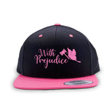 Black hat with a pink brim. “With Prejudice” is in cursive pink font on the front with a pink butterfly holding a pink gavel to the right of the text - from Lindsay Ellis