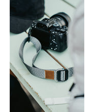A close up of a grey camera strap attached to a camera with a brown leather square that has a "LP" etched into it for Lizzie Peirce.
