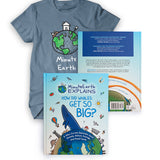 A bundle from Minute Earth. Includes a blue t-shirt with a drawing of earth on it with a house, mountains and a stick figure on top and "Minute Earth" below. A book titled "Minute Earth Explains; How did whales get so big?" with an illustration of earth with a large whale coming out of the top and other symbols like a sun, airplane, a house, a cast, a dinosaur, etc.