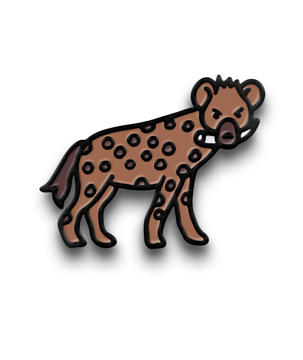 A hyena pin that is brown, with dark brown dots, holding a bone in its mouth.