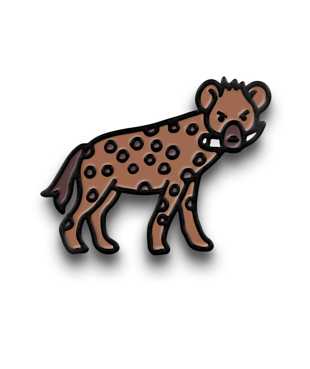 A hyena pin that is brown, with dark brown dots, holding a bone in its mouth. 